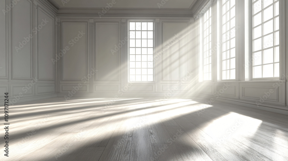 Classic white room with wooden floor and tall windows illuminated by sunbeams Classic white room with wooden floor and tall windows illuminated by sunbeams
