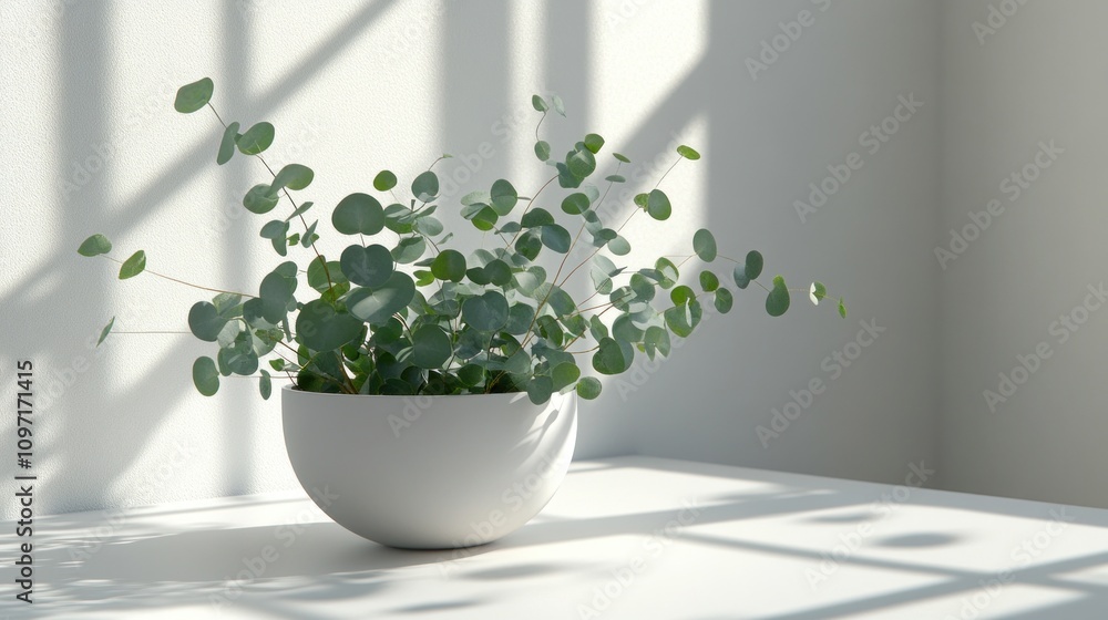 A serene indoor plant arrangement in a modern white bowl, softly lit by natural light. A serene indoor plant arrangement in a modern white bowl, softly lit by natural light.