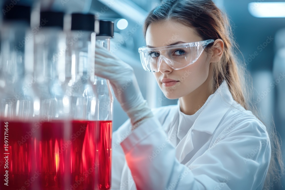 Young scientist conducting experiments with red liquid in a laboratory environment Young scientist conducting experiments with red liquid in a laboratory environment
