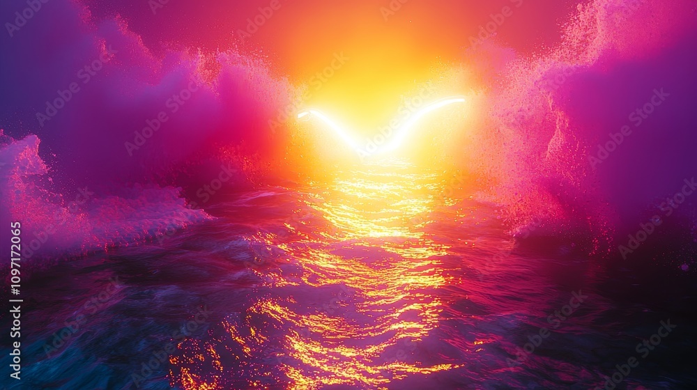 Sunset over ocean waves coastal paradise digital art vibrant colors inspirational viewpoint nature's beauty Sunset over ocean waves coastal paradise digital art vibrant colors inspirational viewpoint nature's beauty