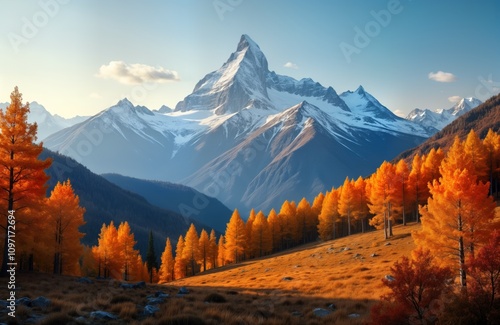 Majestic snow capped mountain peak. Golden autumn forest. Orange trees meadow. Panoramic landscape view. Beautiful fall nature scenery. Travel adventure background. Wallpaper banner image. photo