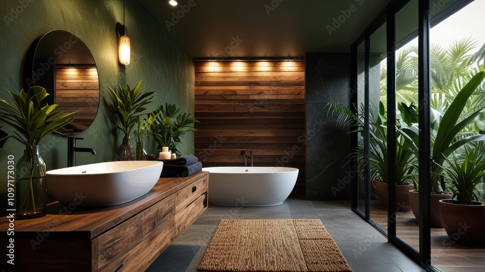 Luxurious bathroom with dark green walls, wooden vanity, freestanding tub, and tropical plants. Luxurious bathroom with dark green walls, wooden vanity, freestanding tub, and tropical plants.