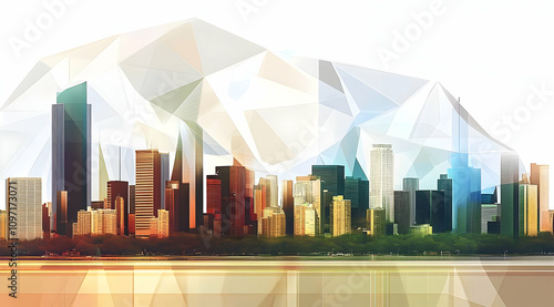 Modern City Skyline with Geometric Shapes and Bright Colors
