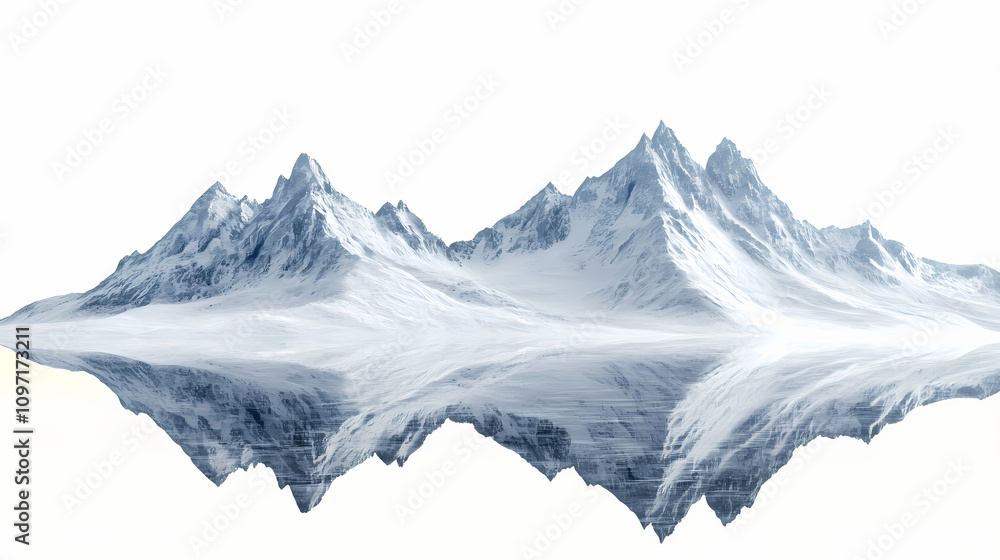 Obraz premium **a serene 3d render of a crystal-clear mountain lake with a reflection of snow-capped peaks, isolated on a pristine white background. Pristine Alpine Peaks. Illustration