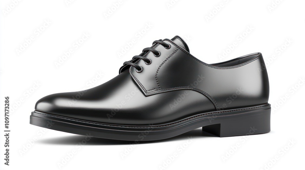 A single black leather oxford shoe is displayed A single black leather oxford shoe is displayed