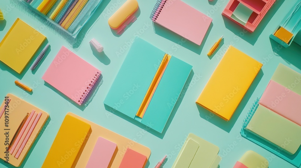 Pastel Stationery Supplies Arranged on a Light Blue Background Pastel Stationery Supplies Arranged on a Light Blue Background