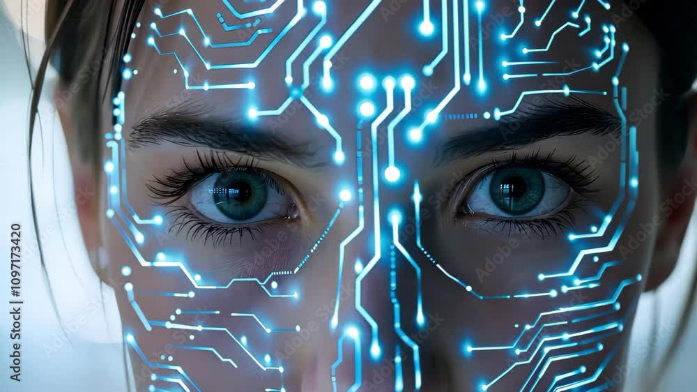A close-up of a person's face with a digital circuit pattern overlay, symbolizing the fusion of technology and human features.