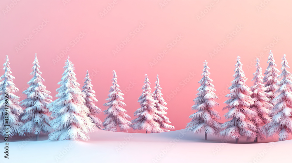 Fototapeta premium 3d rendering of a beautiful winter landscape with snowy fir trees on a hill against a pink and blue pastel sky