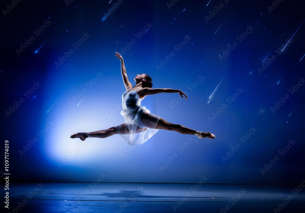 Graceful ballet dancer leaps against a starry night sky Graceful ballet dancer leaps against a starry night sky