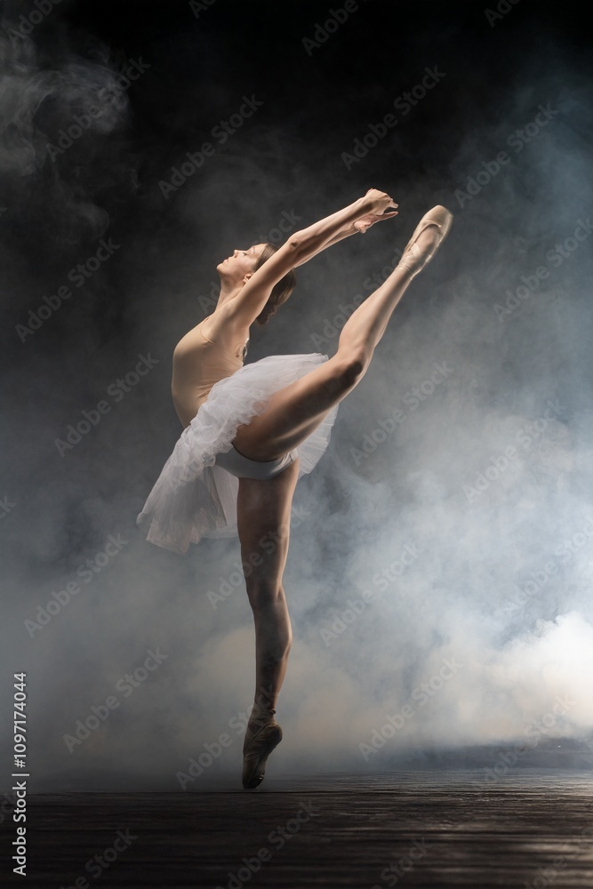 Graceful ballet dancer performing an elegant leap in a misty theater setting Graceful ballet dancer performing an elegant leap in a misty theater setting