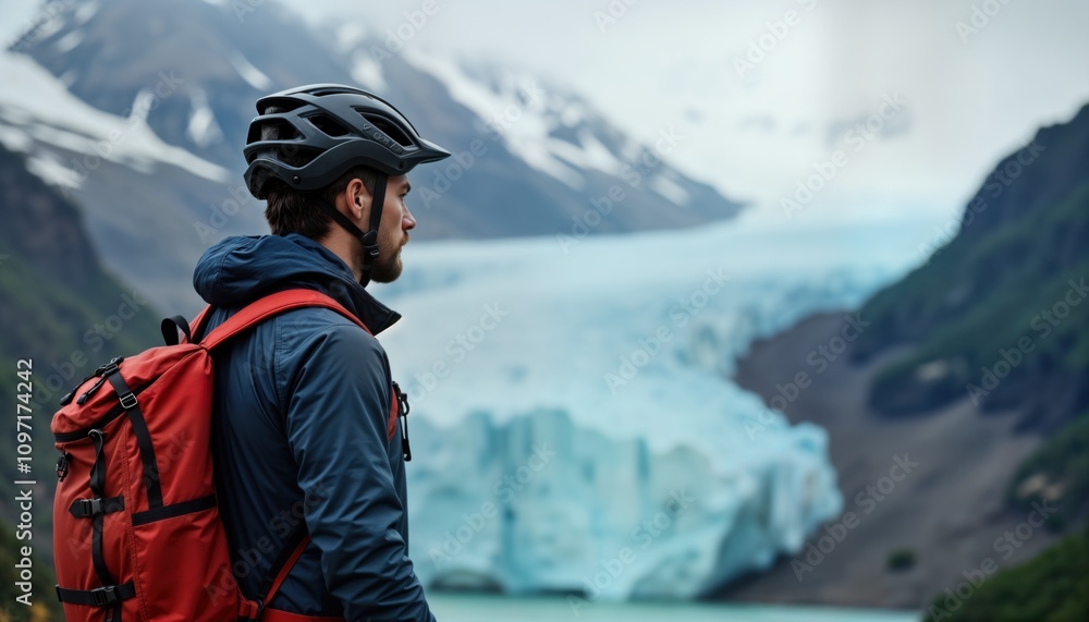 Man glacier biker. Backpack helmet. Winter mountain adventure. Extreme sport. Travel nature. Scenic landscape. Cold weather. Explore hike. Active lifestyle. Man glacier biker. Backpack helmet. Winter mountain adventure. Extreme sport. Travel nature. Scenic landscape. Cold weather. Explore hike. Active lifestyle.