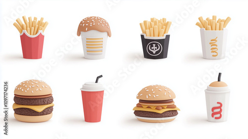 Fast Food Stickers Set with Burgers Fries and Soda Cups photo