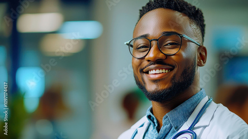 A professional banner showing a smiling doctor in a modern clinic setting. The design includes ample space on the side for text or promotional messages, ideal for healthcare advertisements.