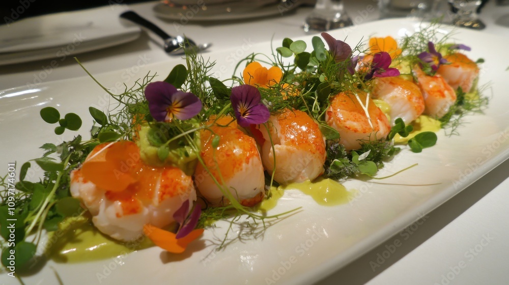 sweet lobster salad with avocado mousse, delicately arranged with microgreens and edible flowers sweet lobster salad with avocado mousse, delicately arranged with microgreens and edible flowers