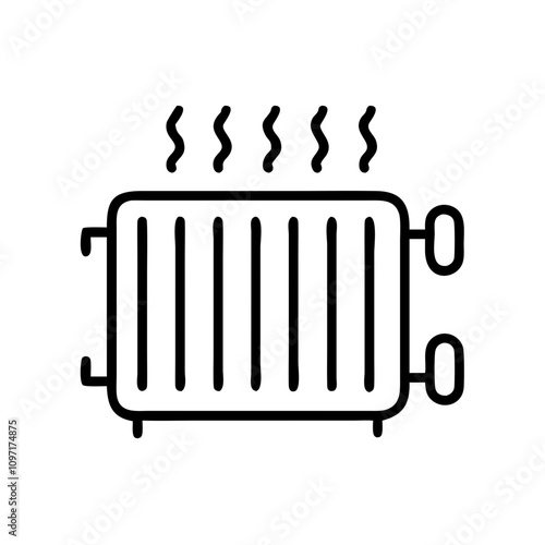 Radiator icon with steam in minimalist style, black outline design