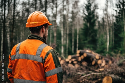 Worker observes tree log piles in a forest during timber harvesting operations