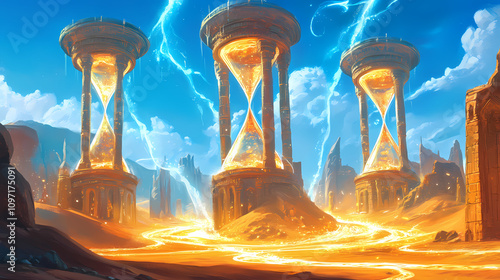 Giant hourglassshaped towers in the middle of a desert, with glowing sands flowing between them and time seemingly suspended in midair. Desert Mirage Oasis. Illustration photo