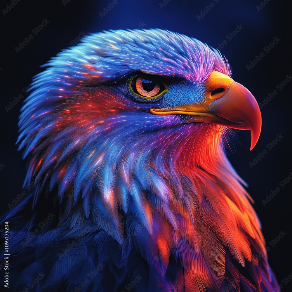 Fototapeta premium A vibrant, stylized portrait of an eagle with colorful feathers and intense gaze.