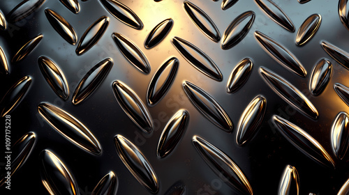 Elegant 3d chrome vector, silver and gold metallic tones, deep diamond plate texture with raised shapes reflecting light, modern industrial aesthetic. Burnished Metallic Glow. Illustration