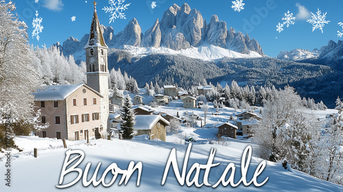 Winter Wonderland in Italian Alps with Buon Natale Written in Snowy Scenes photo