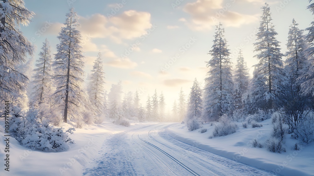 Obraz premium A serene winter landscape with snow-covered trees and a winding path under a soft sky.