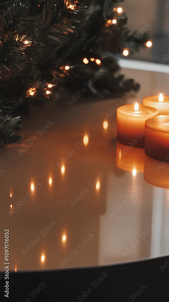 Warm candlelight glows on a smooth surface next to a beautiful Christmas tree adorned with twinkling lights, creating a cozy winter atmosphere in the evening Warm candlelight glows on a smooth surface next to a beautiful Christmas tree adorned with twinkling lights, creating a cozy winter atmosphere in the evening