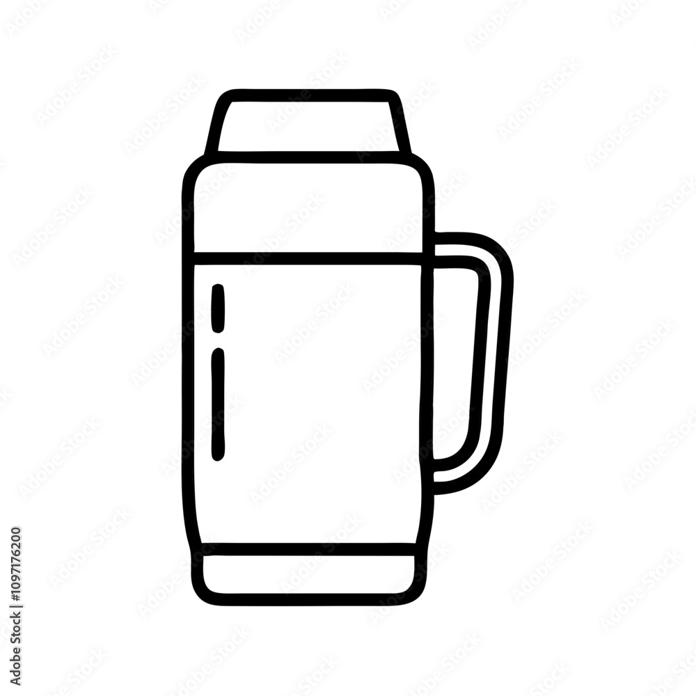 Thermos mug icon with steam in minimalist style, black outline design Thermos mug icon with steam in minimalist style, black outline design