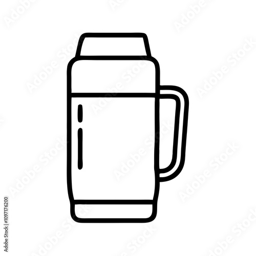 Thermos mug icon with steam in minimalist style, black outline design