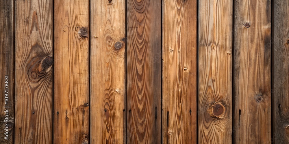 Fototapeta premium Close-up of vertical wooden planks with rich brown tones and natural knots, ideal for backgrounds, textures, or rustic designs