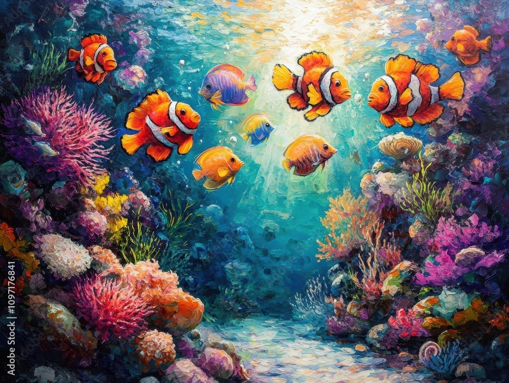Obraz premium Colorful underwater scene with vibrant fish and coral reefs.