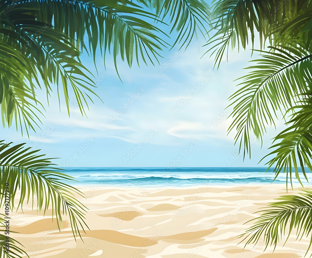 Tranquil Tropical Beach Scene with White Sand and Palm Leaves Tranquil Tropical Beach Scene with White Sand and Palm Leaves