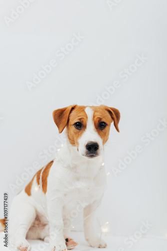 Funny Jack Russell Terrier dog in garland sitting on a white background at christmastime. Holiday puppy wrapped in christmas lights