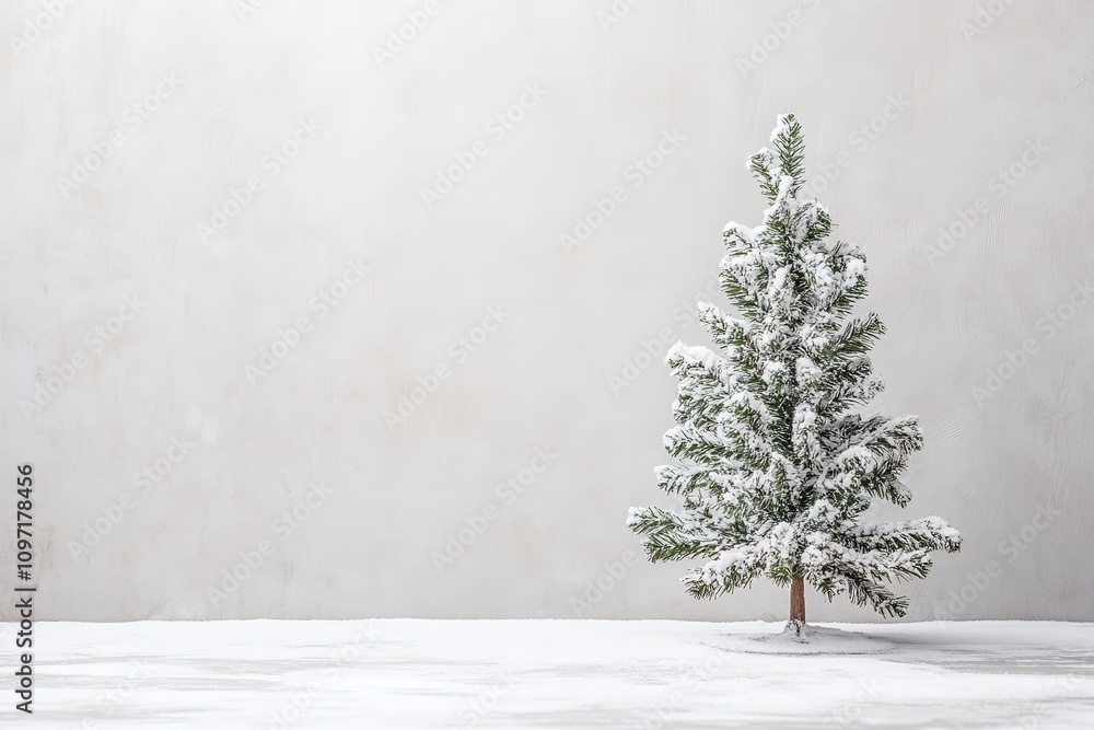 Fototapeta premium Snowy pine tree in a serene winter scene