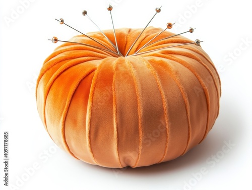 Soft orange pin cushion shaped like pumpkin, perfect for sewing photo