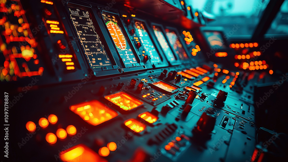 A detailed cockpit control panel featuring illuminated buttons, flight instruments, and displays, creating an immersive aviation experience. A detailed cockpit control panel featuring illuminated buttons, flight instruments, and displays, creating an immersive aviation experience.
