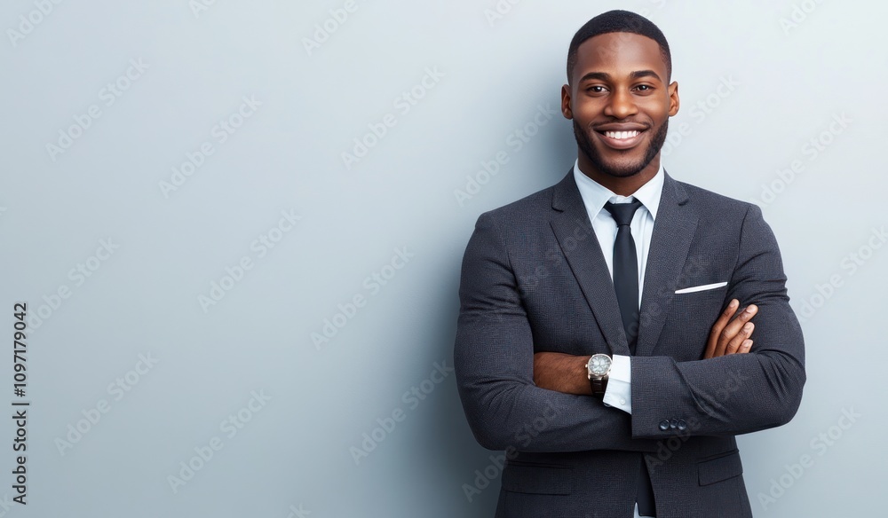 A confident man in a suit smiles with arms crossed against a neutral background. A confident man in a suit smiles with arms crossed against a neutral background.