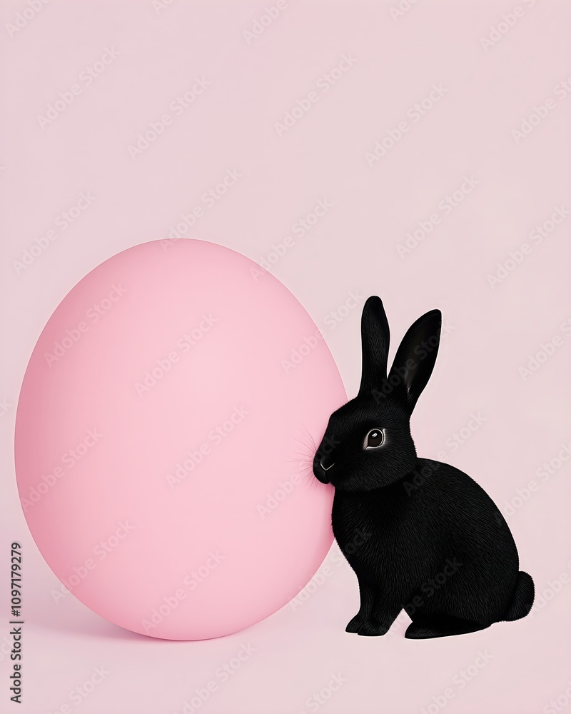 Obraz premium Black bunny with pink balloon on pastel background, perfect for Easter marketing, spring celebrations, children's events, pet shops, minimal design projects and modern holiday content 