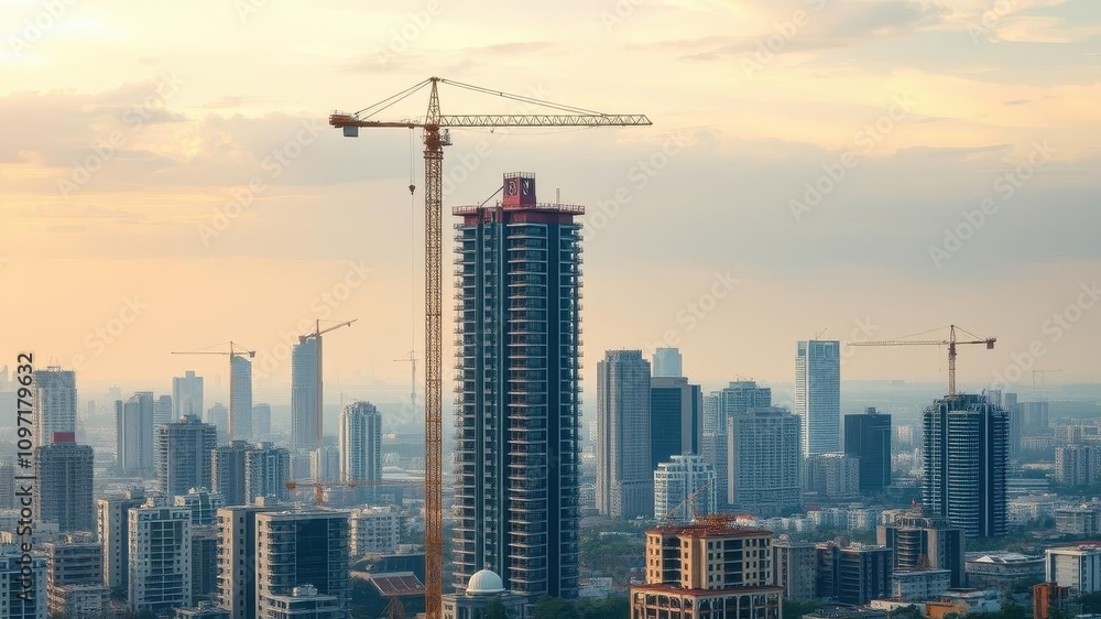 Fototapeta premium Aerial view of a modern apartment building under construction surrounded by construction materials and equipment, habitat, progress