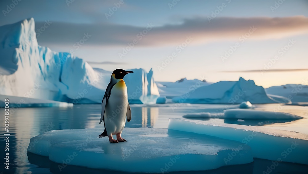 Obraz premium Solitary Penguin at Twilight: An Antarctic Wonderland, Generative AI