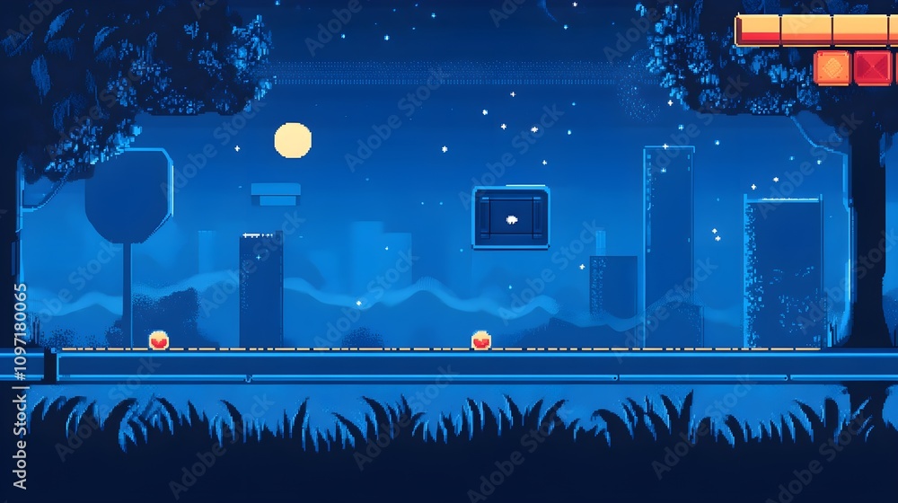 pixel art game background with button level up game design concept in ...