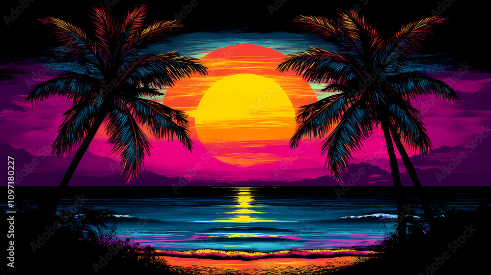 Naklejka premium Retro wave horizon landscape with neon lights, palm trees, and sunset at the beach, retro futurism, synthwave. Neon Vaporwave Sunset. Illustration