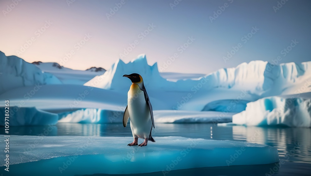 Obraz premium Solitary Penguin at Twilight: An Antarctic Wonderland, Generative AI