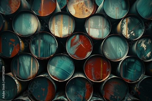 A stack of old, rusty, and painted metal barrels creates a colorful and abstract pattern. photo