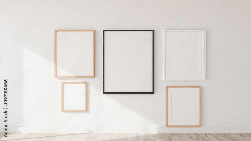 A photo frame gallery wall mockup with various frame sizes and styles displayed on a plain white wall, display, blank wall, empty frames A photo frame gallery wall mockup with various frame sizes and styles displayed on a plain white wall, display, blank wall, empty frames