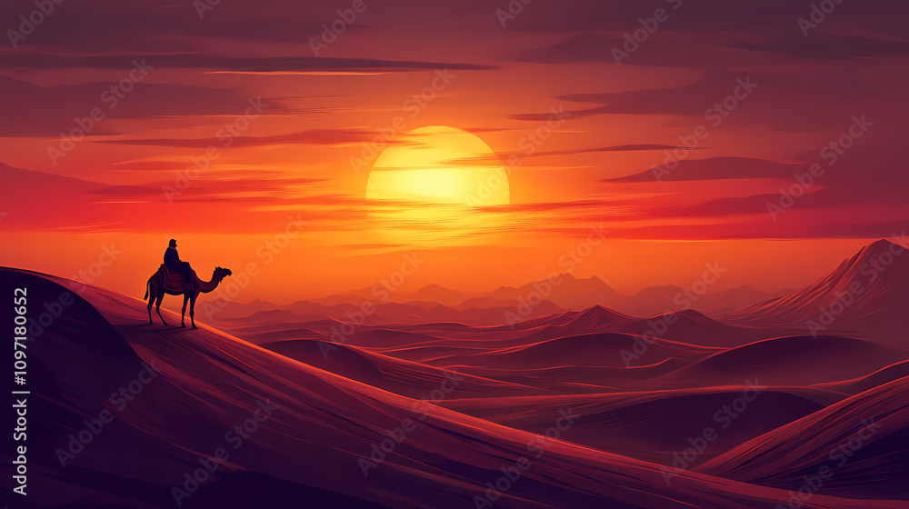 A rider in the desert watches the stunning sunset from their camel. warm colors fill the sky over endless sand dunes. Endless Sand Horizon. Illustration A rider in the desert watches the stunning sunset from their camel. warm colors fill the sky over endless sand dunes. Endless Sand Horizon. Illustration
