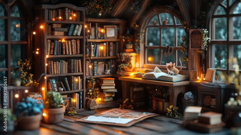 Cozy library scene with books, plants, and warm lighting. Cozy library scene with books, plants, and warm lighting.