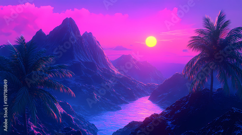 vaporwave mountains palm trees