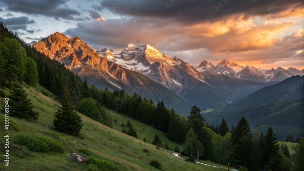 Majestic Golden Sunset Over Alpine Peaks: A Breathtaking Mountain Panorama Majestic Golden Sunset Over Alpine Peaks: A Breathtaking Mountain Panorama