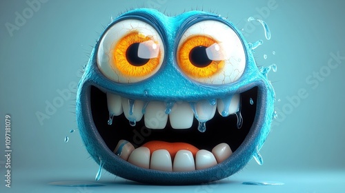 A happy blue creature with big eyes and dripping water