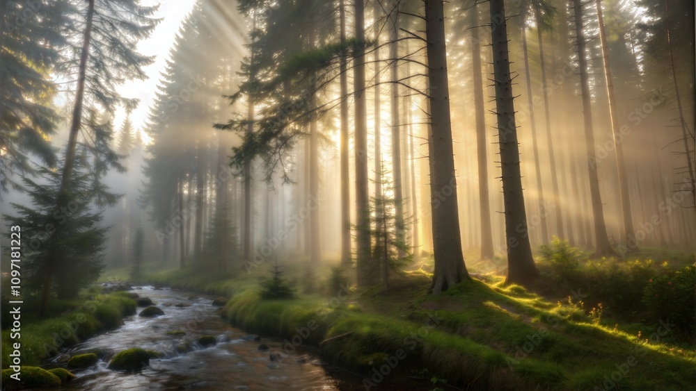 Naklejka premium Enchanted Morning Mist: Sunbeams Pierce Through Ancient Forest Firs